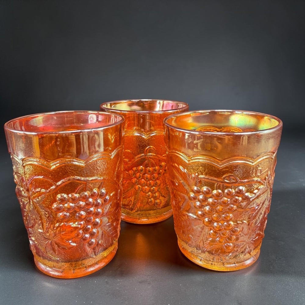 Indiana‎ Glass Marigold Carnival Glass Harvest Grape Juice Tumblers Set of 3 VTG